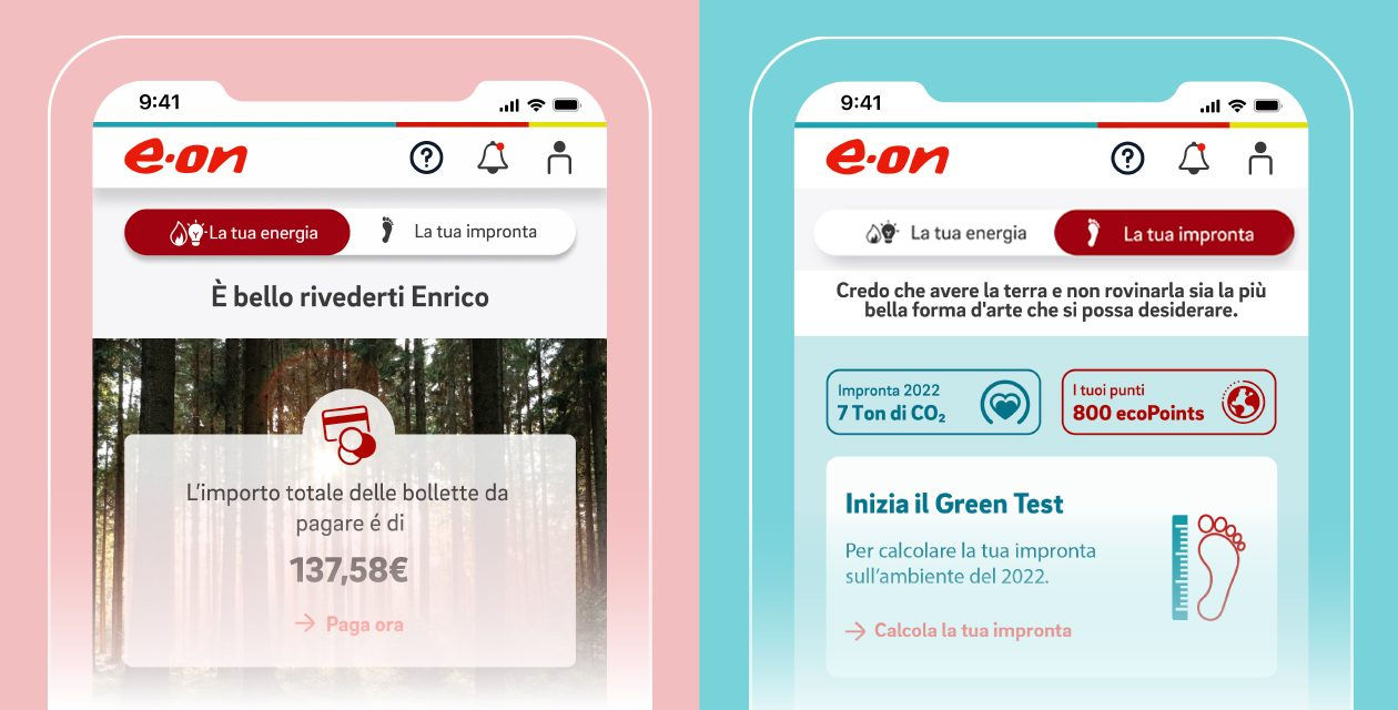 Screenshot app E.ON con schermate su bollette e impronta ecologica