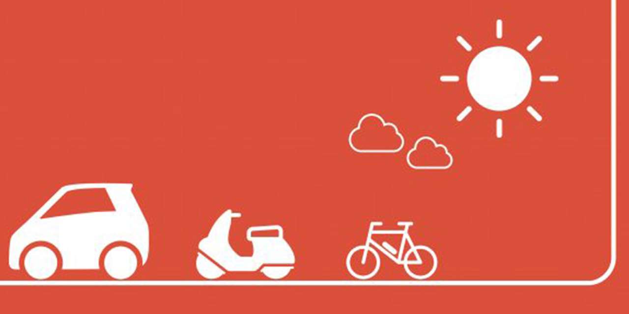 Illustrazione della mobilità sostenibile, grazie al disegno di un’auto, di uno scooter, di una bici e del sole