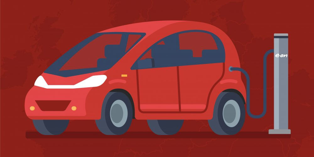 Illustrazione di un'auto in ricarica in una colonnina: la diffusione della mobilità elettrica è in crescita