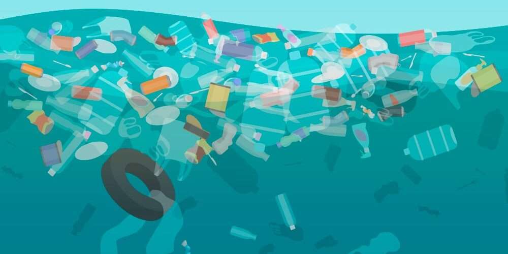 Illustrazione della superficie del mare piena di plastica: con l’operazione Kaisei sono state recuperate 100 tonnellate di plastica in mare nel 2021