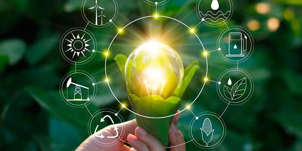Illustrazione di una mano che sostiene una lampadina circondata dai simboli come il sole, il riciclo, l’energia eolica, tutti strumenti per la sostenibilità delle aziende
