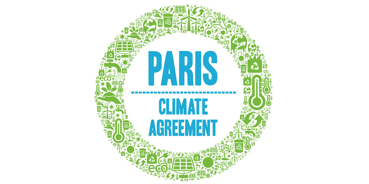 Illustrazione con il logo degli Accordi di Parigi del 2015, per fermare il riscaldamento climatico