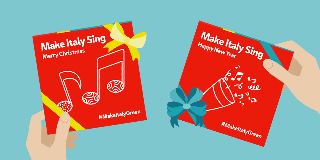 Due mani sostengono due cd regalo, che rappresentano simbolicamente due playlist di auguri per il Natale e l'anno nuovo