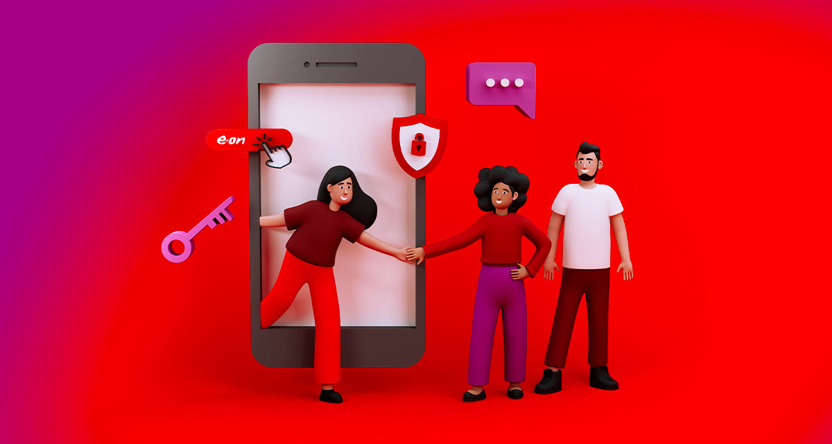 Illustrazione di una stretta di mano con i clienti sullo sfondo di uno smartphone, per celebrare la nuova App E.ON