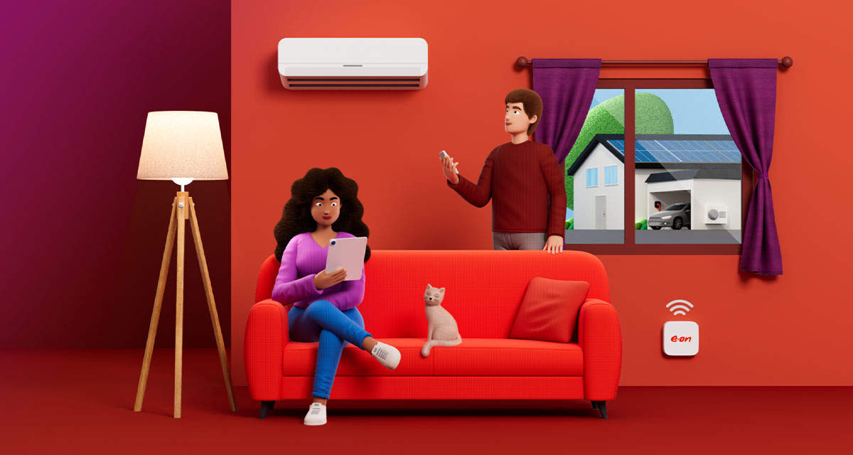Illustrazione di un soggiorno con climatizzatore e dispositivo E.ON Smart Home