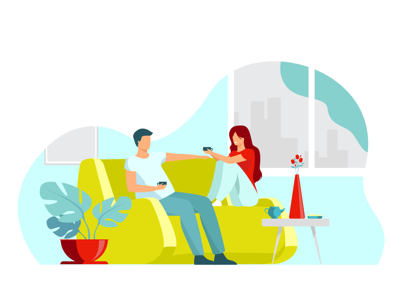 Illustrazione di una giovane coppia su un divano, mentre sia lui che lei tengono in mano una tazza
