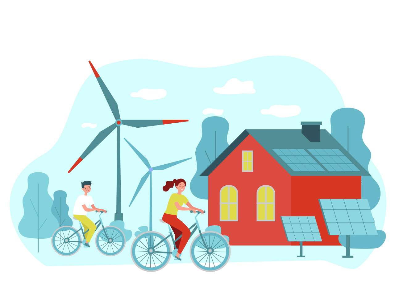 Illustrazione di una coppia in bicicletta mentre passa accanto a una casa con pannelli fotovoltaici e ad alcune pale eoliche