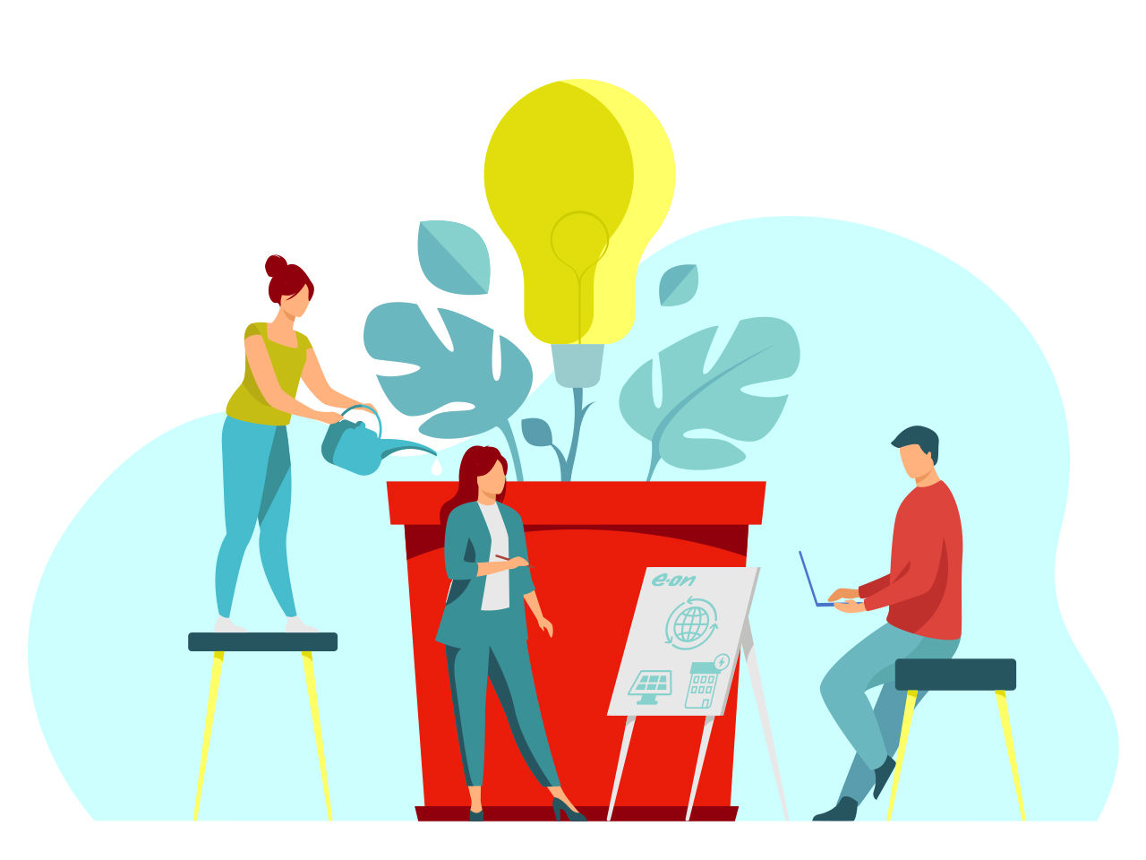 Illustrazione di una ragazza che innaffia una pianta, una donna che illustra dei dati su una lavagna e un uomo che usa il computer